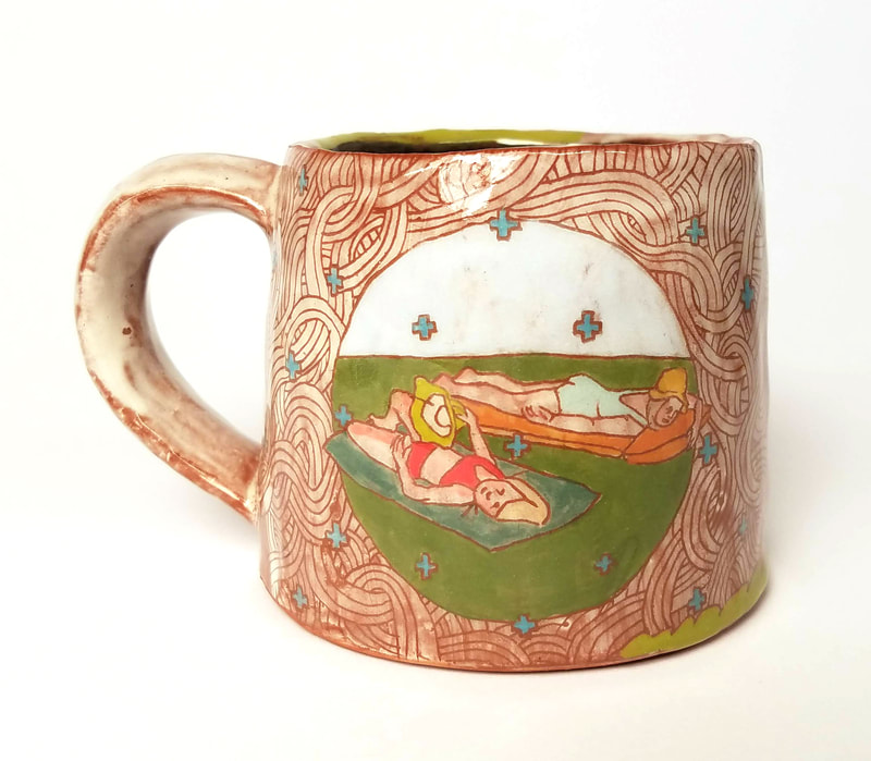 terra cotta cup with sgraffito decoration of sunbathers